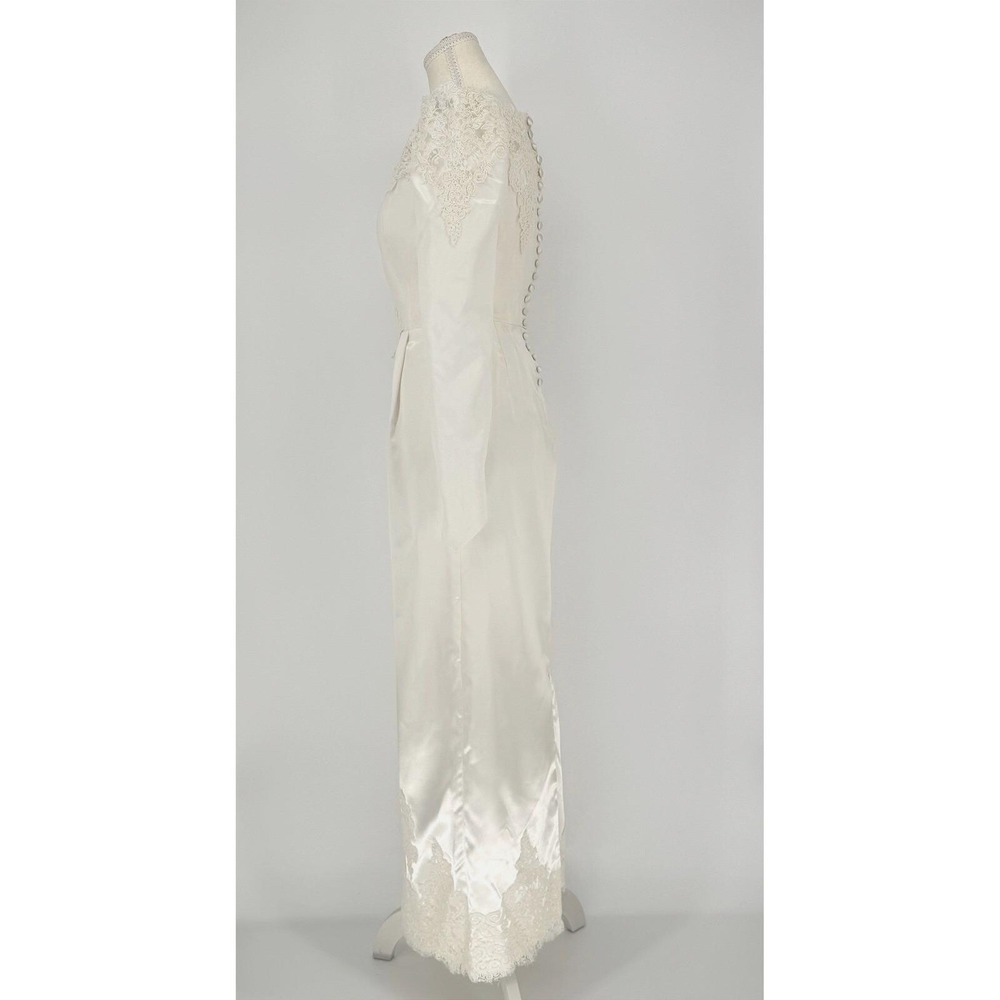 Vintage 90s Satin Lace Wedding Dress S Off Shoulder Long Sleeve Minimalist - Picture 9 of 15